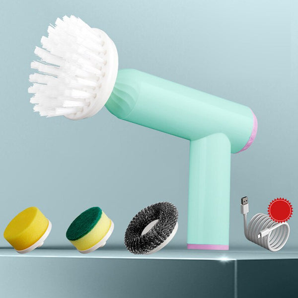 Elektrische schoonmaakborstel met verwisselbare opzetstukken, USB-oplaadkabel, ideaal voor badkamer- en keukenreiniging, groen ontwerp.
