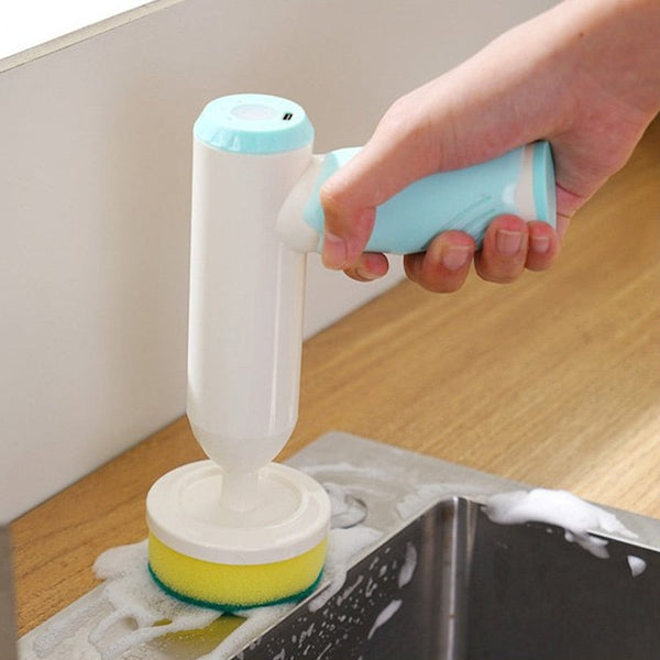 Handbediende afwasborstel met zeepdispenser, blauw-wit ontwerp, ideaal voor keukenreiniging. Effectief voor het verwijderen van vet en vuil.