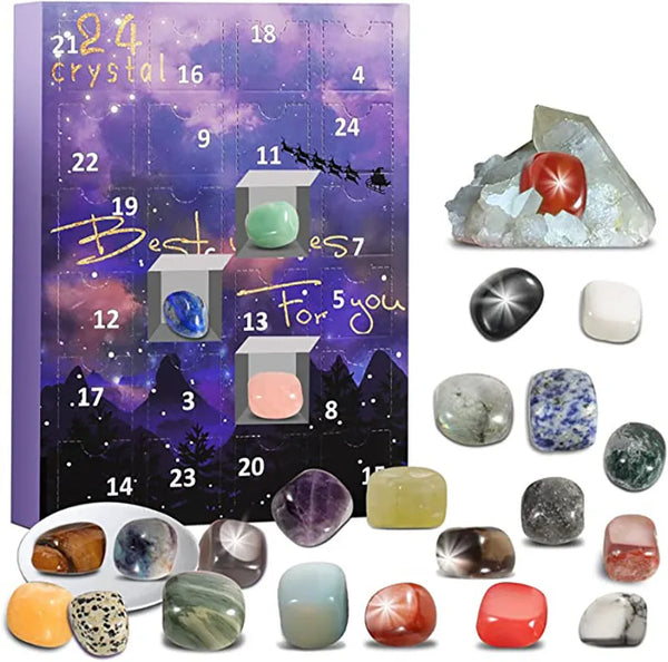 Adventskalender met 24 edelstenen, waaronder amethist, rozenkwarts en tijgeroog. Perfect voor kristalliefhebbers en spirituele geschenken.