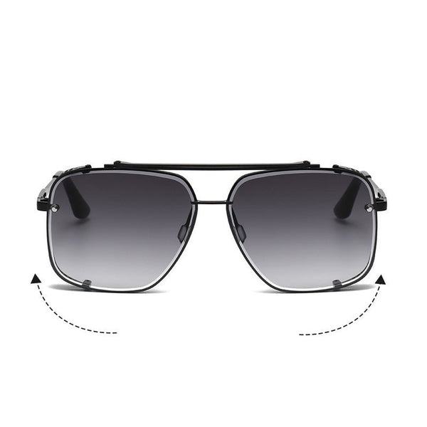 Zwarte aviator zonnebril met grijze gradient lenzen, metalen frame en verstelbare neuspads. Stijlvolle unisex zonnebril voor mode en UV-bescherming.