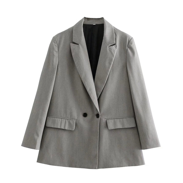 Grijze oversized blazer voor dames, dubbele knopen, lange mouwen, formele zakelijke kleding, modetrend, hoogwaardige stof.