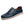 Donkerblauwe leren instapper voor heren met witte stiksels en rode accenten, comfortabele casual schoen, ideaal voor dagelijks gebruik.