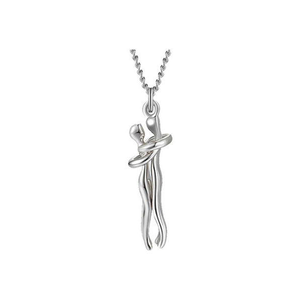 Zilveren ketting met abstracte hanger van omhelzend paar, romantisch design, ideaal als cadeau voor geliefden, moderne sieradenstijl.