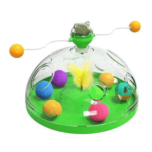 Transparant kattenspeelgoed met groene basis, kleurrijke balletjes en veer, interactieve speelbal, ideaal voor kattenvermaak en beweging.