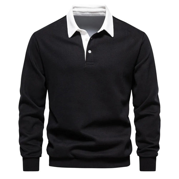 Zwarte herenpolo met lange mouwen en witte kraag, stijlvolle casual kleding, geschikt voor herfst en winter, modieuze herenkleding.