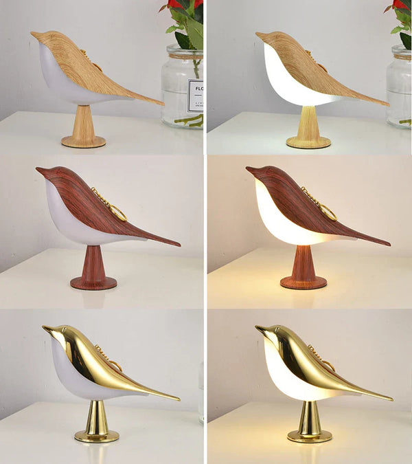 Houten en metalen vogellampen op een tafel, met LED-verlichting. Moderne decoratieve tafellampen in vogelvorm voor sfeervolle interieurverlichting.