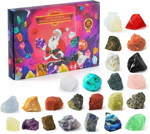 Adventskalender met kristallen en edelstenen, 24 stuks. Inclusief kleurrijke stenen zoals amethist, rozenkwarts en tijgeroog. Perfect voor mineralenliefhebbers.
