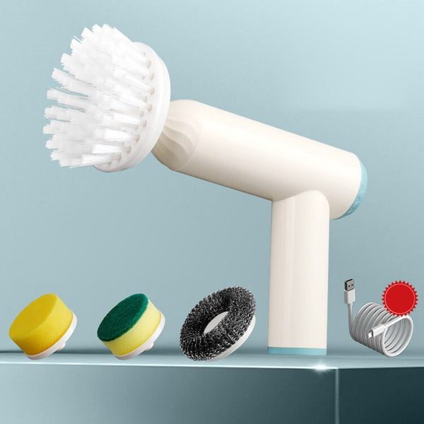 Elektrische schoonmaakborstel met verwisselbare borstels en USB-oplaadkabel, ideaal voor badkamer- en keukenreiniging.