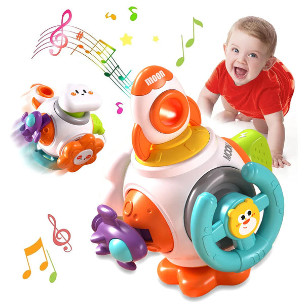Baby speelt met kleurrijk interactief speelgoed met muzieknoten en lichtjes. Educatief speelgoed voor peuters, bevordert motorische vaardigheden.