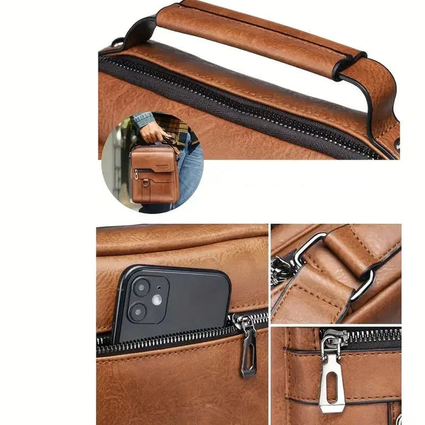 Bruine leren schoudertas met rits, verstelbare riem en meerdere vakken. Ideaal voor heren, geschikt voor telefoon en accessoires. Stijlvol en praktisch.