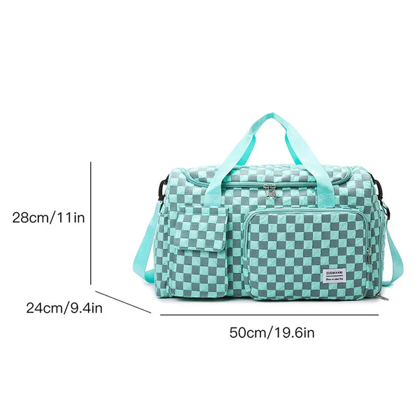 Mintgroene dambord sporttas met verstelbare schouderriem, meerdere vakken en ritssluiting, ideaal voor reizen en fitness, afmetingen 50x28x24 cm.