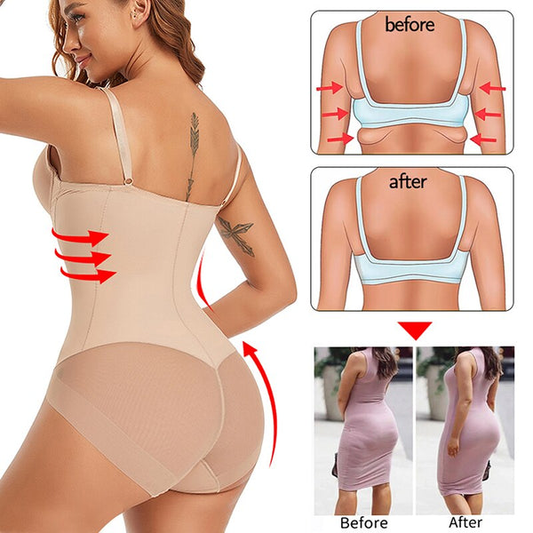 Vrouw draagt beige shapewear body shaper, toont voor- en na-effecten op figuur. Ideaal voor taille en heupen. Comfortabel en effectief corrigerend ondergoed.