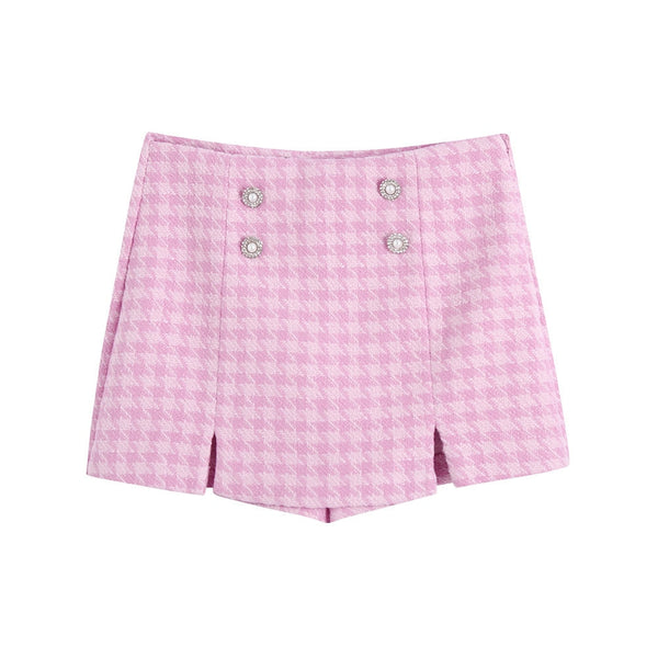 Roze pied-de-poule minirok met dubbele knopen, damesmode, trendy kleding, elegante stijl, perfect voor casual en formele gelegenheden.