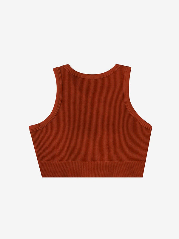 Ribgebreide bruine crop top voor dames, mouwloos en comfortabel, ideaal voor casual en sportieve outfits. Perfecte pasvorm en trendy design.