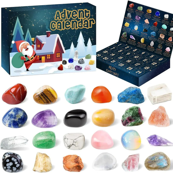 Adventskalender met edelstenen, inclusief 24 verschillende mineralen zoals amethist en rozenkwarts, ideaal voor kerstcadeaus en mineralenverzamelaars.