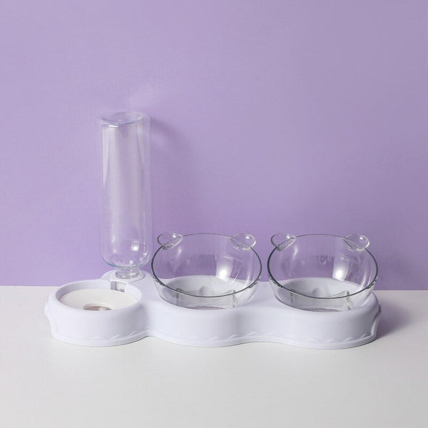 Transparante huisdier voerbak set met twee glazen kommen en waterdispenser op witte basis, tegen een paarse achtergrond. Ideaal voor katten en kleine honden.