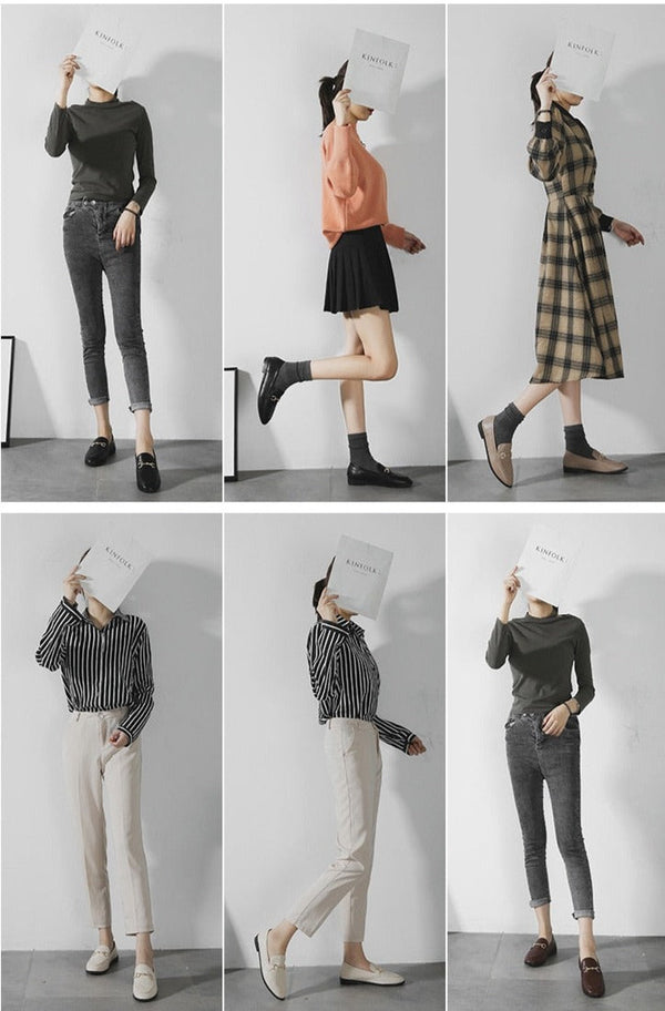 Zes modieuze outfits voor dames, variërend van casual tot chic, met truien, rokken, broeken en loafers. Perfect voor herfst- en wintermode-inspiratie.