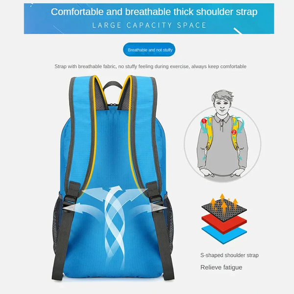 Blauwe rugzak met ademende, dikke schouderbanden, grote capaciteit, ergonomisch ontwerp, ideaal voor sport en reizen, comfort en duurzaamheid.