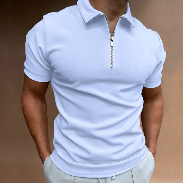 Witte polo met ritssluiting voor heren, korte mouwen, casual en stijlvol, geschikt voor zomer, modieuze herenkleding, comfortabele pasvorm.