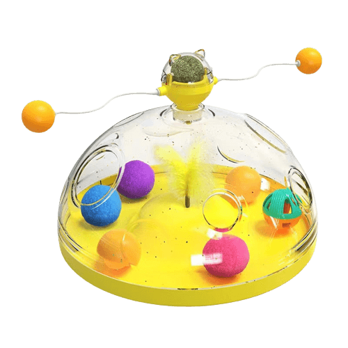 Transparant kattenspeelgoed met kleurrijke balletjes en veer, interactieve speelbal, duurzaam ontwerp, ideaal voor kattenvermaak en beweging.