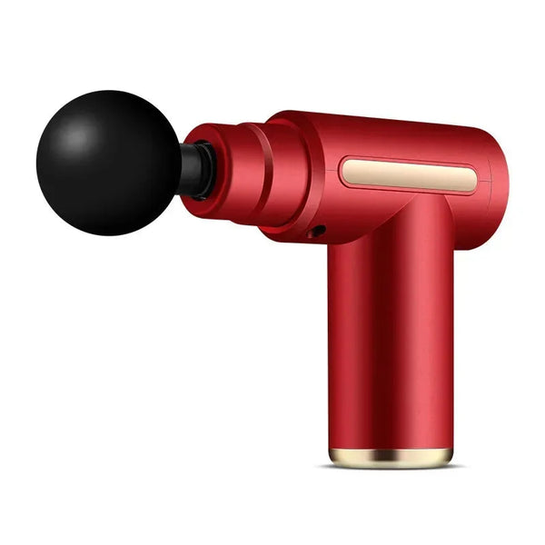 Rode massagepistool met zwarte bolvormige kop, ideaal voor spierontspanning en pijnverlichting. Draagbaar en krachtig, perfect voor thuisgebruik.