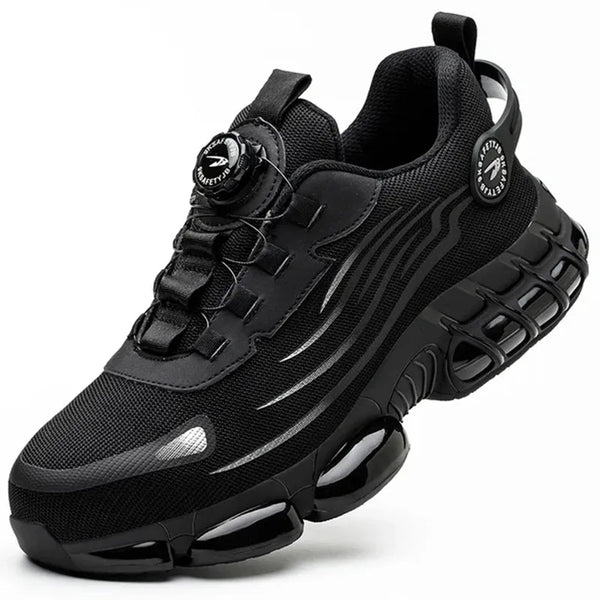 Zwarte sportschoen met futuristisch ontwerp, luchtkussenzool en vetersysteem. Ideaal voor hardlopen en fitness. Comfortabele en stijlvolle sneaker.