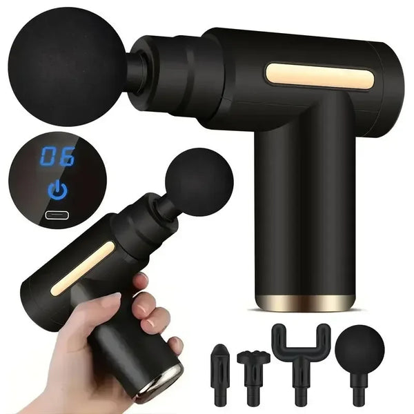 Zwarte massagepistool met digitale display, vijf verwisselbare opzetstukken, ergonomisch ontwerp, ideaal voor spierontspanning en herstel.