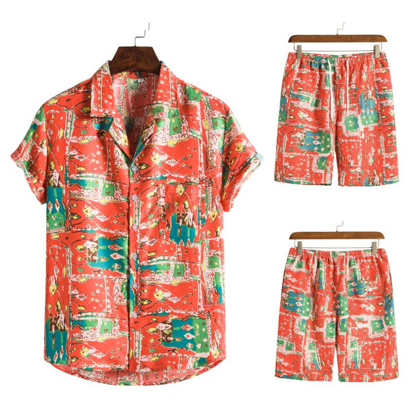 Rood heren pyjama set met korte mouwen en korte broek, kleurrijk patroon, comfortabele katoenen stof, zomermode, casual nachtkleding.