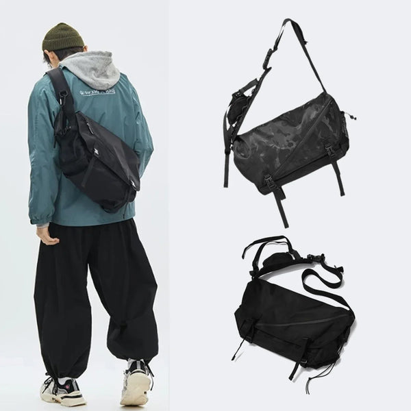 Zwarte crossbody tas met verstelbare schouderriem, unisex design, ideaal voor dagelijks gebruik en reizen. Stijlvol en functioneel accessoire.
