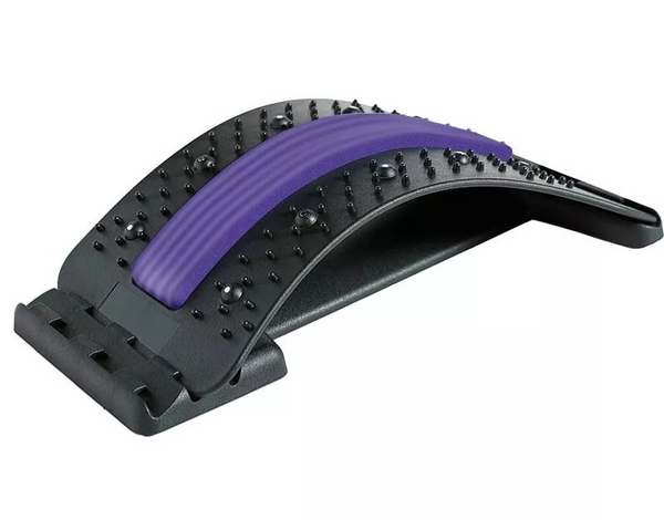 Rugstrekker met acupressuurpunten en verstelbare boog, zwart met paarse strip. Ideaal voor rugpijnverlichting en houdingcorrectie.