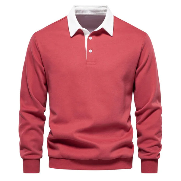 Rode herentrui met witte kraag, lange mouwen en knoopsluiting. Stijlvolle casual kleding, perfect voor herfst- en wintermode.