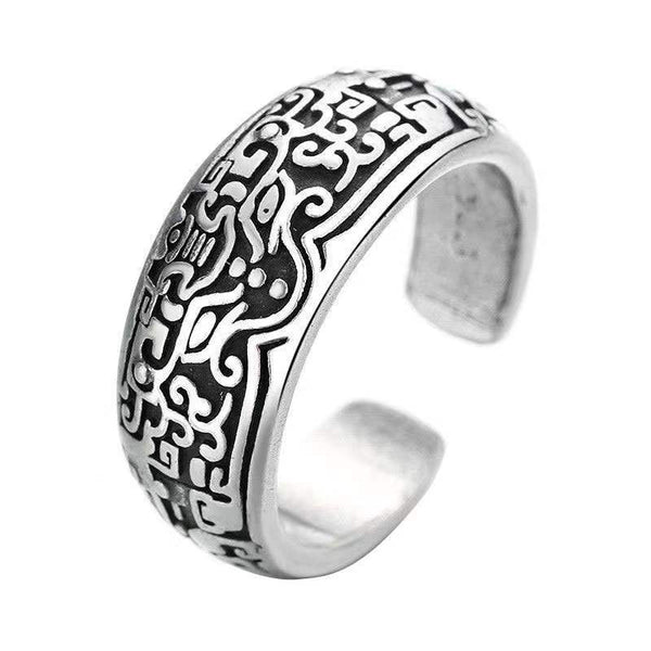 Zilveren open ring met ingewikkeld tribaal patroon, verstelbaar design, unisex sieraden, perfect voor modieuze en stijlvolle looks.