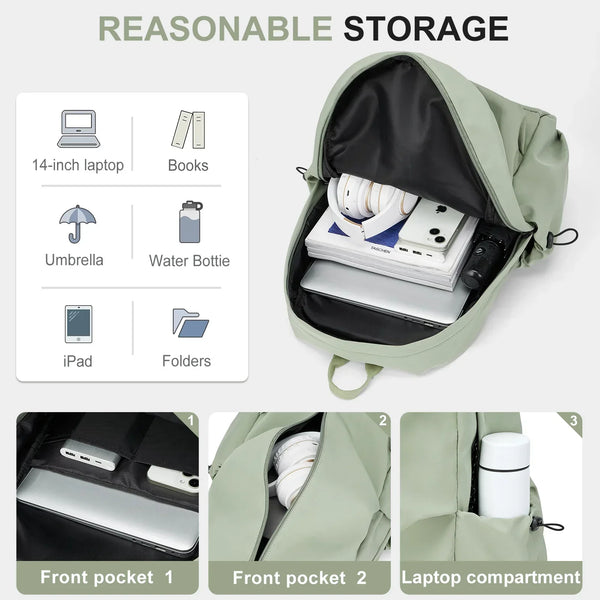 Groene rugzak met laptopvak, geschikt voor 14-inch laptop, boeken, iPad, paraplu en waterfles. Ideaal voor school en werk. Ruime opbergruimte.