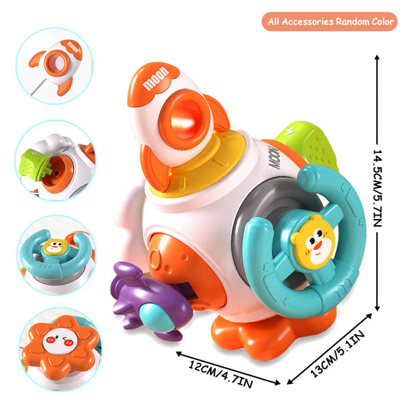 Interactief speelgoed voor baby's, kleurrijke stapelbare raket met dierenfiguren, educatief en veilig, ideaal voor motorische ontwikkeling, 14,5 cm hoog.