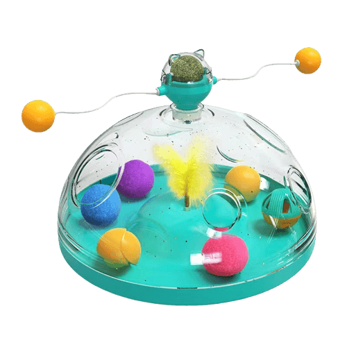 Transparant kattenspeelgoed met kleurrijke ballen en veer, interactieve speelset voor katten, duurzaam kunststof, mentale stimulatie huisdieren.