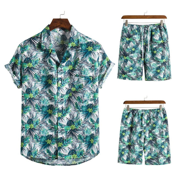 Tropisch heren zomer set, korte mouwen overhemd en shorts, groen-blauw palmblad patroon, casual strandkleding, modetrend 2023.