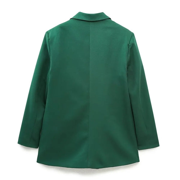 Groene damesblazer, achterkant, elegant design, lange mouwen, hoogwaardige stof, modieuze kleding, geschikt voor zakelijke en casual gelegenheden.