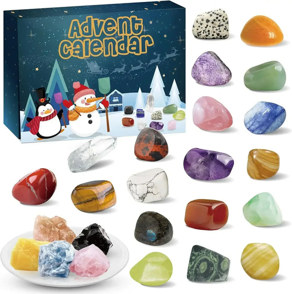 Adventskalender met edelstenen, inclusief amethist, rozenkwarts en tijgeroog. Perfect voor mineralenliefhebbers en kerstcadeau-ideeën.