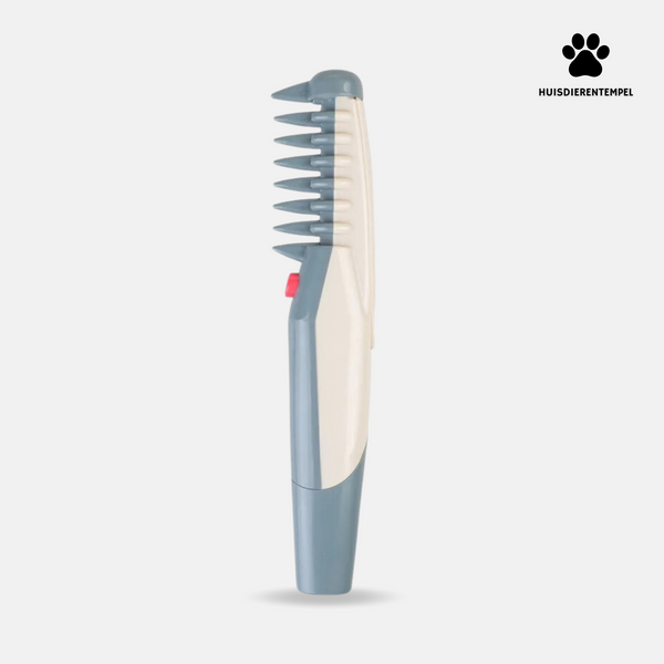 Elektrische huisdierkam met grijze en witte behuizing, ideaal voor het verwijderen van losse haren bij honden en katten. Dierenverzorgingstool.