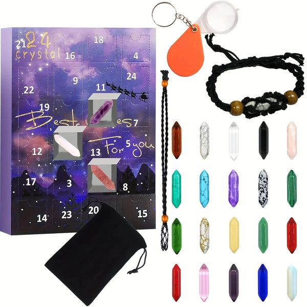 Adventskalender met 24 kristallen, sleutelhanger, armband en opbergzakje. Inclusief amethist, rozenkwarts en tijgeroog. Perfect cadeau voor kristalliefhebbers.