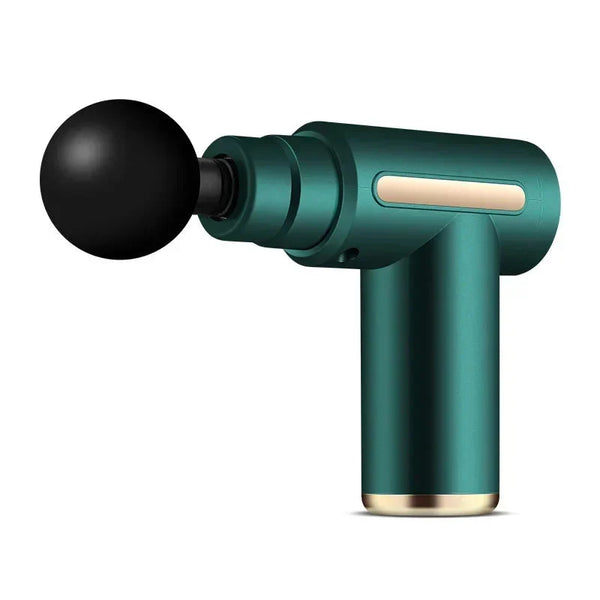Groene massagepistool met zwarte bolvormige kop, ideaal voor spierontspanning en pijnverlichting. Draagbaar en krachtig, perfect voor sportherstel.