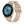 Gouden smartwatch met beige band, digitaal display met bloemmotief en tijdsaanduiding. Stijlvol horloge voor fitness en dagelijkse activiteiten.
