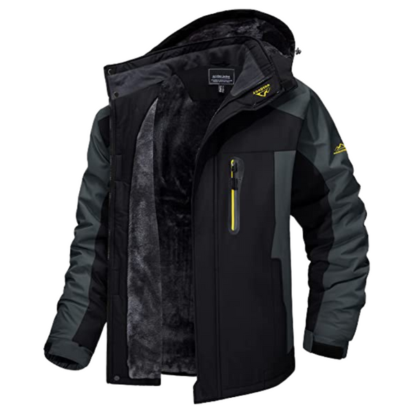Zwarte waterdichte winterjas met capuchon, grijze accenten en borstzak met rits. Ideaal voor outdooractiviteiten en koude weersomstandigheden.