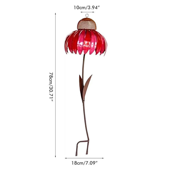 Rode metalen tuinlamp in bloemvorm, 78 cm hoog, met zonne-energie. Decoratieve buitenverlichting voor tuin of terras. Duurzaam en weerbestendig.