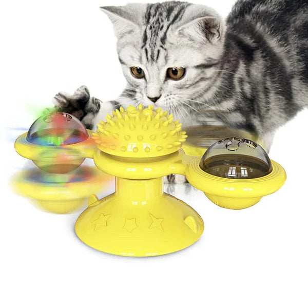 Gele interactieve kattenspeelgoed met draaiende bollen en LED-licht, ideaal voor kattenvermaak en stimulatie. Perfect voor speelse huisdieren.