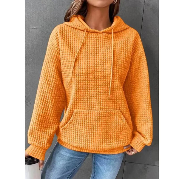 Oranje geruite hoodie dames, casual herfstmode, comfortabele trui met capuchon en zakken, trendy kleding, warme sweater voor dagelijks gebruik.