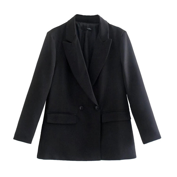 Zwarte damesblazer met dubbele knoopsluiting, lange mouwen en klassieke revers. Perfect voor zakelijke en casual outfits.