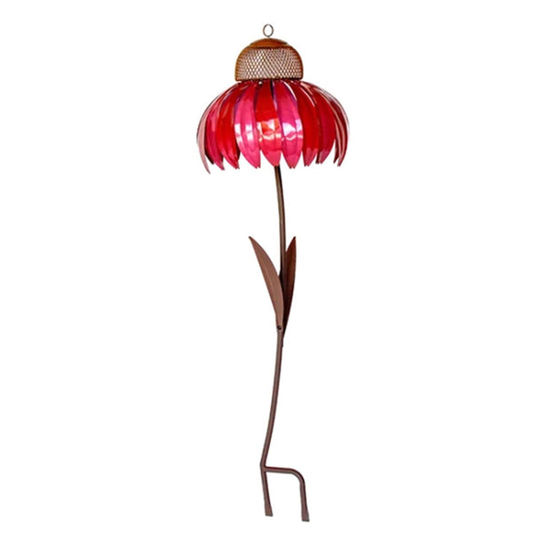 Rode metalen bloem tuinornament, decoratieve tuinprikker, handgemaakt, duurzaam, weerbestendig, geschikt voor buitengebruik, unieke tuindecoratie.