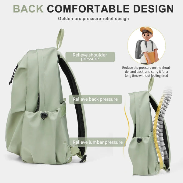 Lichtgroene ergonomische rugzak met drukverlagend ontwerp, ideaal voor rug- en schoudercomfort. Perfect voor langdurig dragen zonder vermoeidheid.