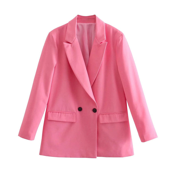 Roze damesblazer met dubbele knopen, lange mouwen en reverskraag. Stijlvolle en modieuze jas voor zakelijke en casual gelegenheden.